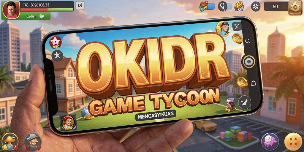Tangkapan layar utama OKIDR menampilkan elemen gameplay Tycoon yang seru.