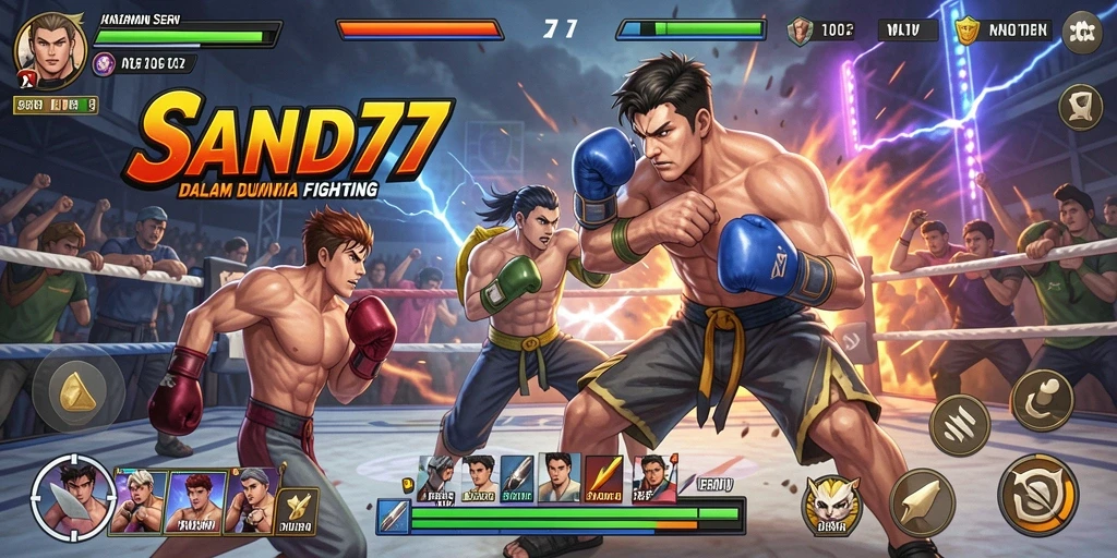 Screenshot SAND77 menampilkan aksi pertarungan yang seru dan dinamis.