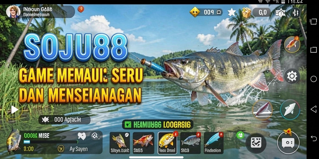 Gameplay menarik dari SOJU88 dengan berbagai ikan dan lokasi memancing.